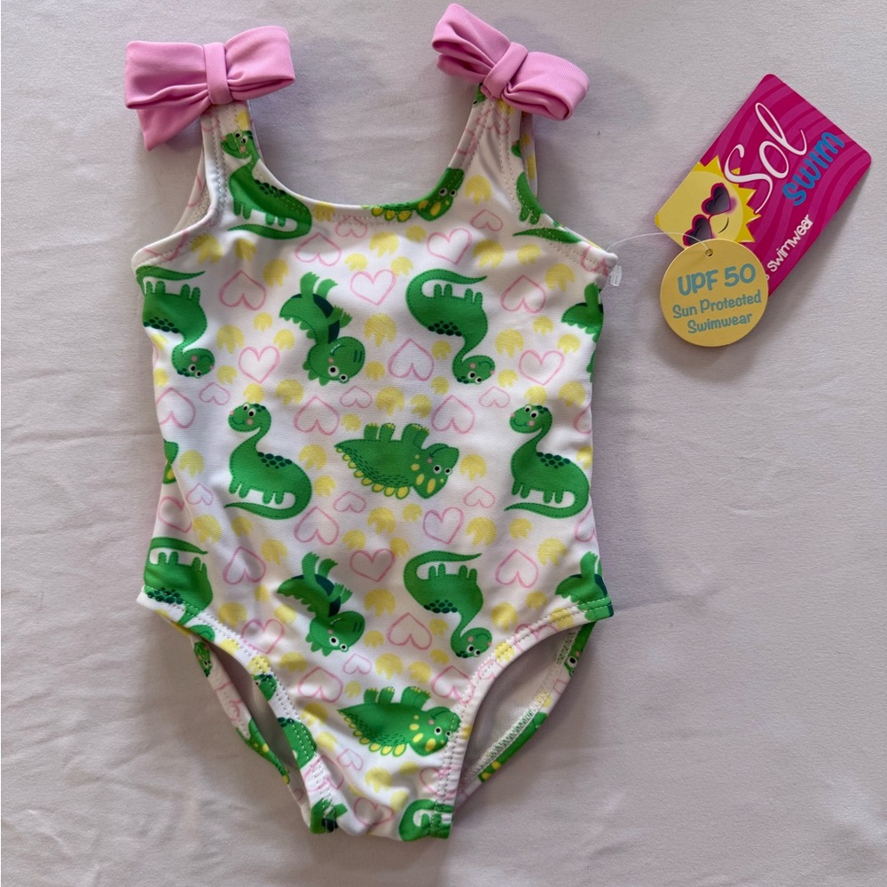 Baby Girl 6-9 month Green Dino’s Swimsuit with Pink Bows